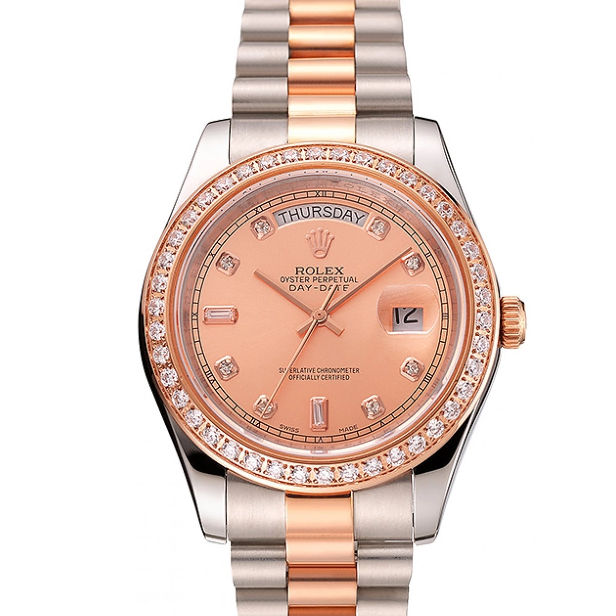 Aaa replica watch Steel Rolex Swiss Gold Bracelet 1454107 Day-Date Diamonds Rose And Staineless Bezel 0519